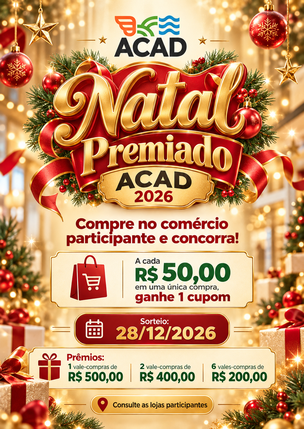 Natal Premiado ACAD 2026 vai distribuir R$ 2,5 mil em vale-compras em Delfinópolis